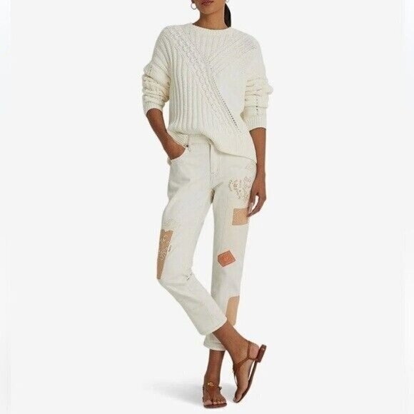 RALPH LAUREN Tapered Patchwork Beaded Mid Rise Relaxed Jeans Size 16 NEW $195